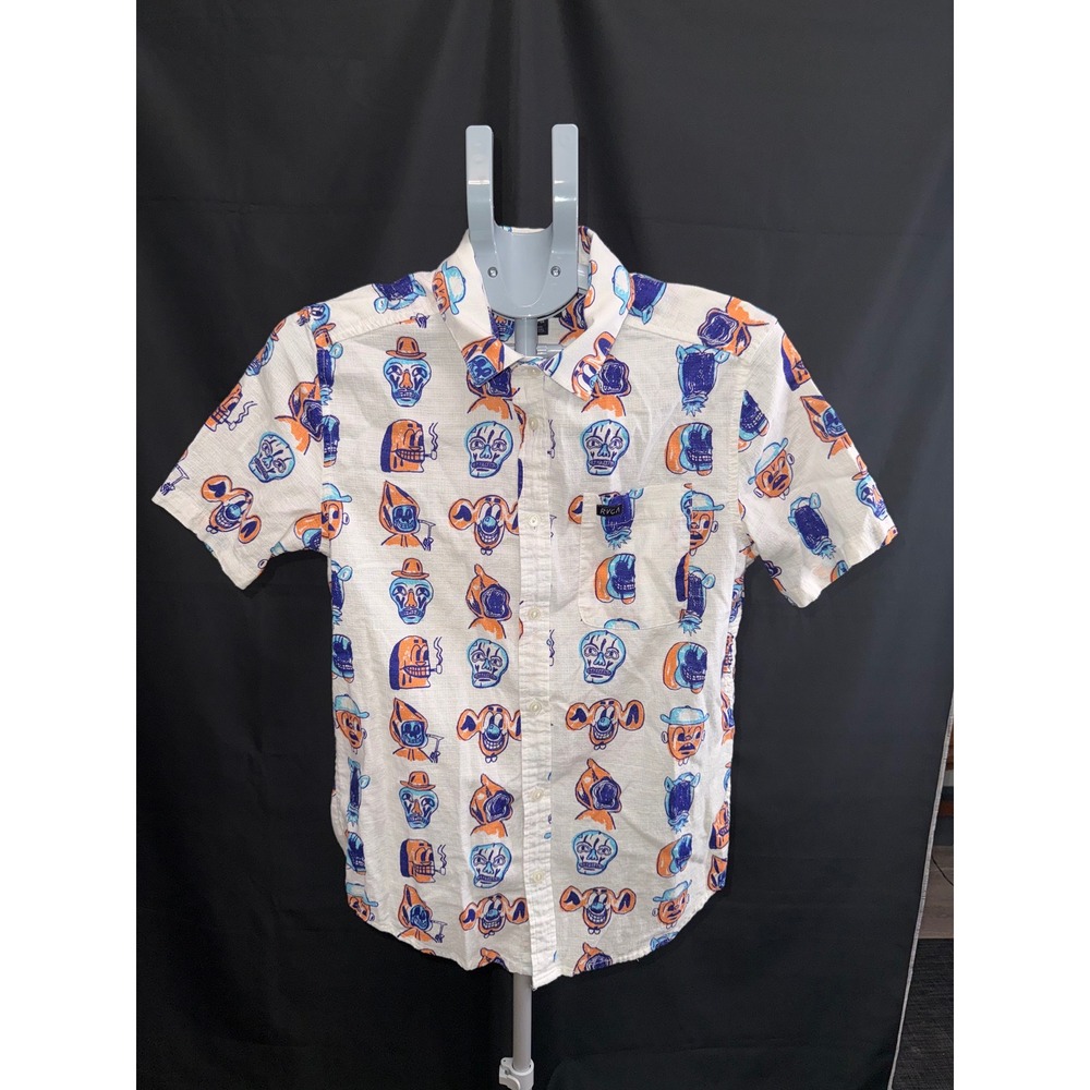 RVCA x DMOTE Mens Small White Skull Graphic Short Sleeve Button Up Shirt